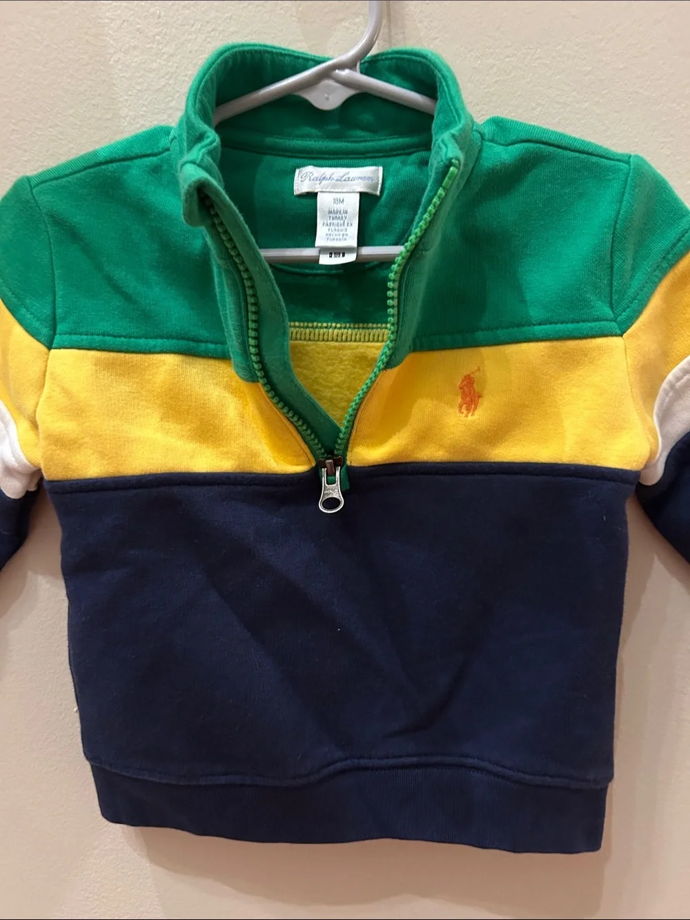 Ralph Lauren Toddler Boy Colorblock Quarter Zip Sweatshirt 18M Navy Green Yellow